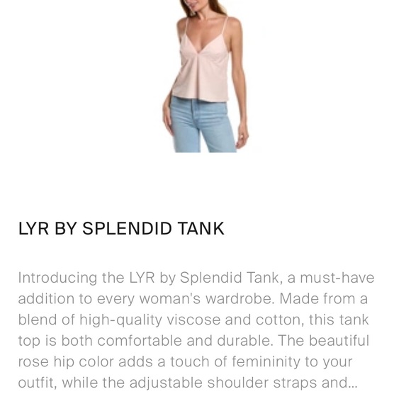 NWT LYR By: Splendid tank top. Blush pink color. Adjustable straps. - Picture 3 of 7